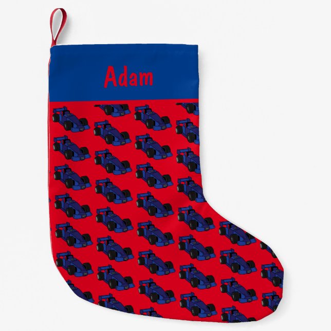 Boys Blue and Red Motorsport Racing Car Small Christmas Stocking (Front)