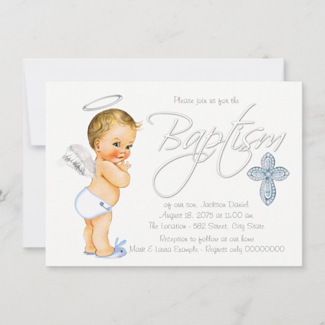Boys Blue Angel Baptism Invitation (Front)