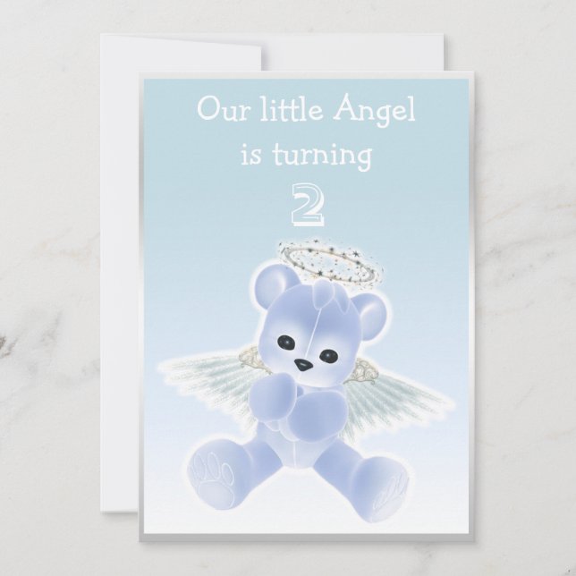 Boy's Blue Angel Teddy Bear 2nd Birthday Party Invitation (Front)