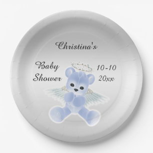 Boy's Blue Angel Teddy Bear Baby Shower Paper Plate
