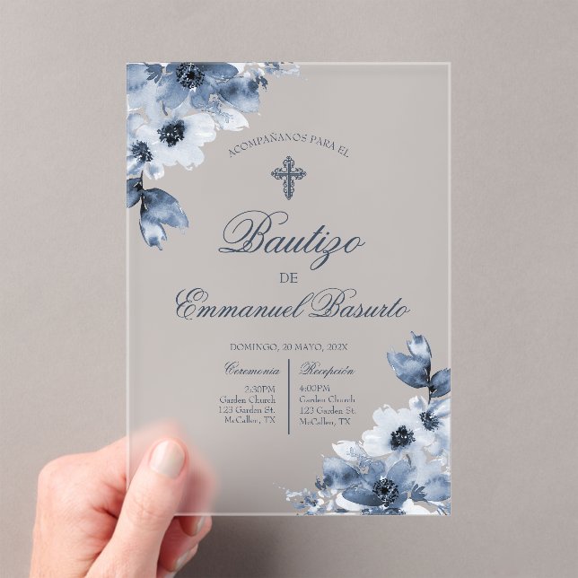 Boys blue baptism with cross  acrylic invitations (Insitu (Handheld))