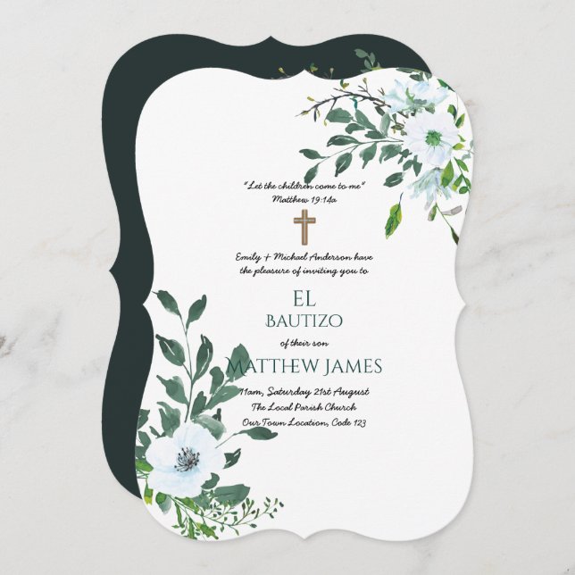 BOYS Blue BAUTIZO Bautismo Baptism Botanical Invitation (Front/Back)