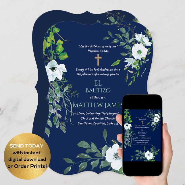 BOYS Blue BAUTIZO Bautismo Baptism Botanical Invitation (Creator Uploaded)