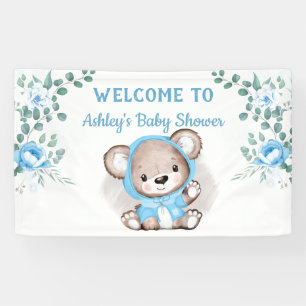 Boys Blue Bear Floral Custom Baby Shower Banner