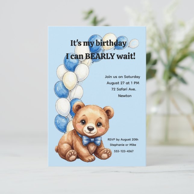 Boy's Blue Bear Party Digital Download  Invitation (Standing Front)