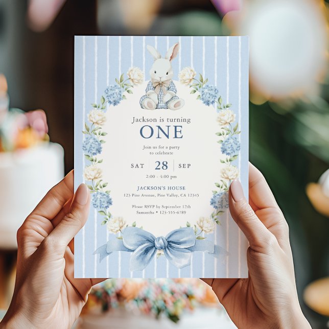 Boy's Blue Bunny First Birthday Party Invitation (Creator Uploaded)