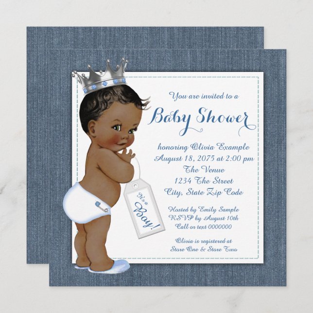 Boys Blue Denim African American Baby Shower Invitation (Front/Back)