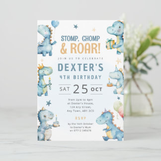 Boys Blue Dinosaur Birthday Invite Dino Theme