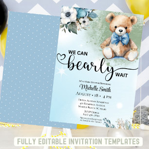 Boys Blue Floral Teddy Bear Baby Shower  Invitation