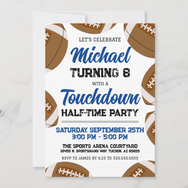 Boys Blue Football Team Halftime Birthday Party Invitation (Front)