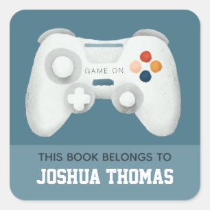 Boys Blue Gaming Kids Bookplate Library Square Sticker