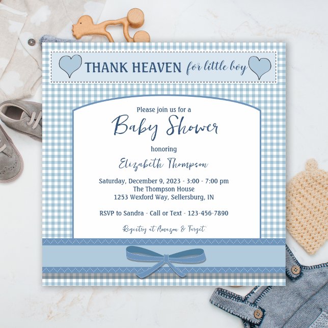 Boys Blue Gingham Baby Shower Invitation (Creator Uploaded)