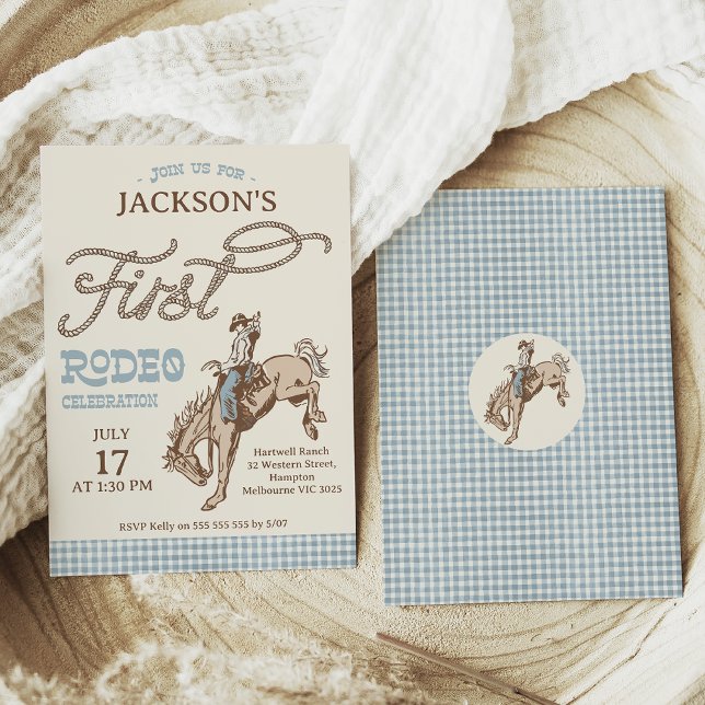 Boys Blue Gray Brown First Rodeo 1st Birthday Invitation (Blue Brown First Rodeo Birthday Invitation Boy, Buffalo Plaid, Rope text, Cowboy First Rodeo Invite)