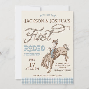 Boys Blue Grey Twins First Rodeo 1st Birthday Invitation
