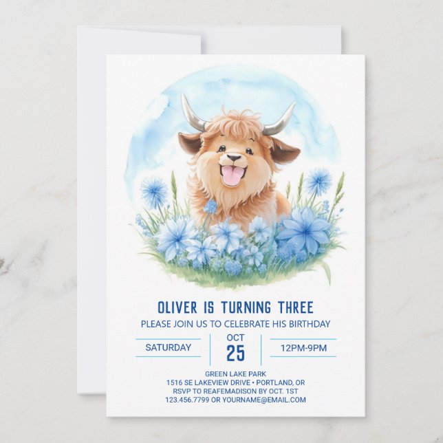 Boys' Blue Highland Cow Picnic Kids Birthday Invitation (Front)