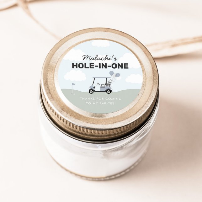 Boys' Blue Hole-In-One Golf 1st Birthday Favour Classic Round Sticker (Creator Uploaded)