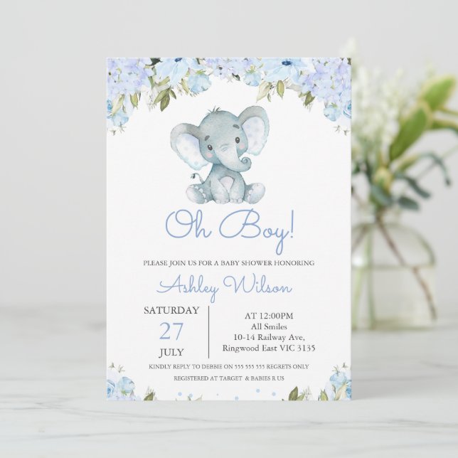 Boy's Blue Hydrangea Elephant Baby Shower Invitation (Standing Front)