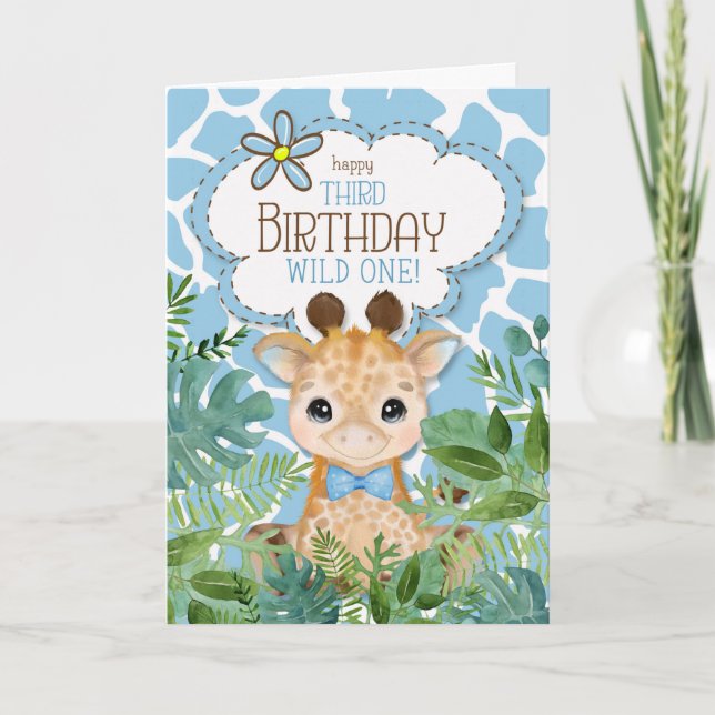Boy's Blue Jungle Giraffe Theme 3rd Birthday Card (Front)