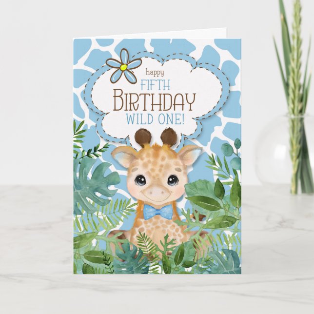 Boy's Blue Jungle Giraffe Theme 5th Birthday Card (Front)