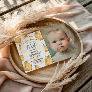 Boys Blue Little Pumpkin Fall Birthday Photo  Invitation