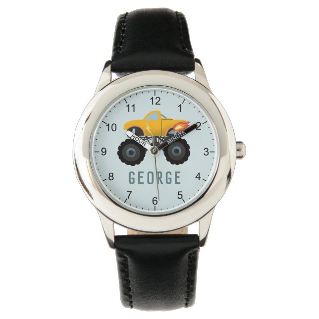 Boys Blue Monster Hot Flames Truck Kids Watch (Front)