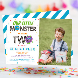 Boys Blue Monster Second Birthday Party Invitation