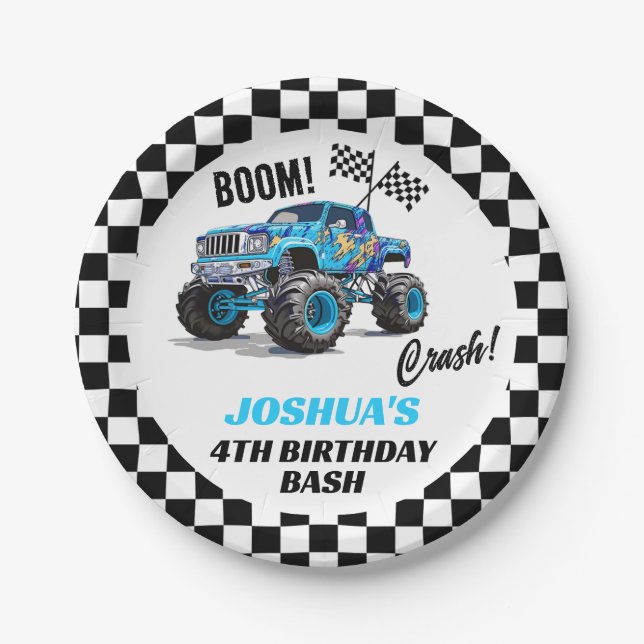 Boys Blue Monster Truck Birthday Paper Plate (Front)