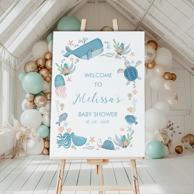 Boys Blue Ocean Under The Sea Baby Shower Welcome  Poster (Boys Blue Under The Sea baby Shower Welcome Sign Template, Editable Ocean Themed Baby Shower Welcome)