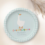 Boys Blue One Silly Goose 1st Birthday Paper Plate<br><div class="desc">This cute boys 1st birthday paper plate design features one silly goose with a blue party hat,  with matching blue gingham,  and can be personalised with your child’s name in cute and colourful typography. The perfect farm design for your little one's first birthday!</div>