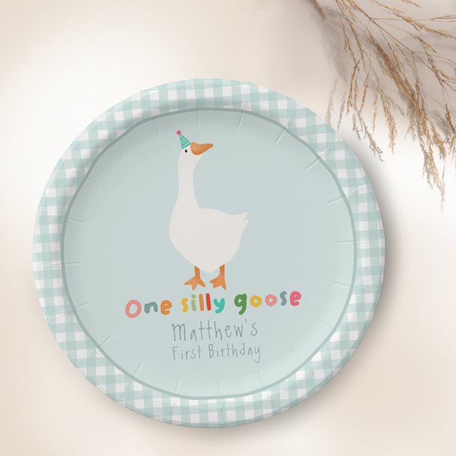 Boys Blue One Silly Goose 1st Birthday Paper Plate (Creator Uploaded)