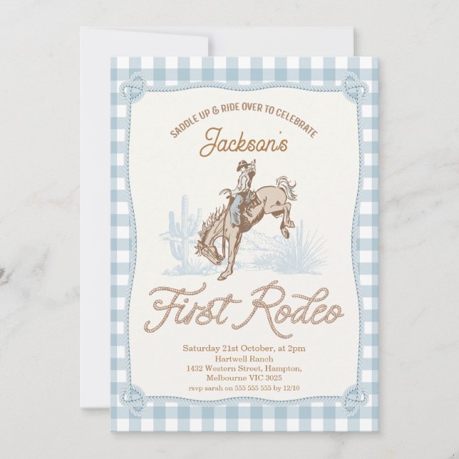 Boys Blue Plaid Cowboy First Rodeo 1st Birthday Invitation (Front)