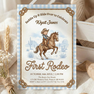 Boys Blue Plaid Cowboy First Rodeo 1st Birthday Invitation