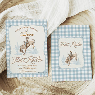 Boys Blue Plaid Cowboy First Rodeo 1st Birthday Invitation