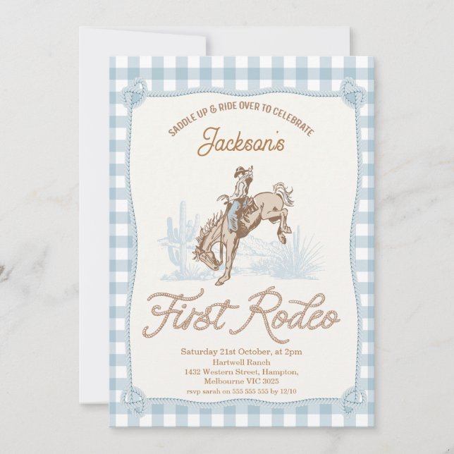 Boys Blue Plaid Cowboy First Rodeo 1st Birthday Invitation (Front)