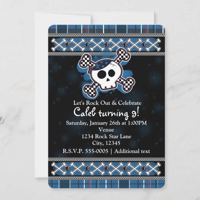 Boys Blue Plaid Skull Crossbones Party Invitations (Front)
