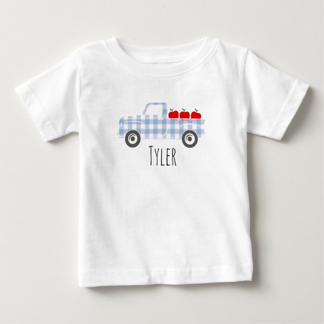 Boys Blue Plaid Truck with Apples Personalised  Baby T-Shirt (Front)