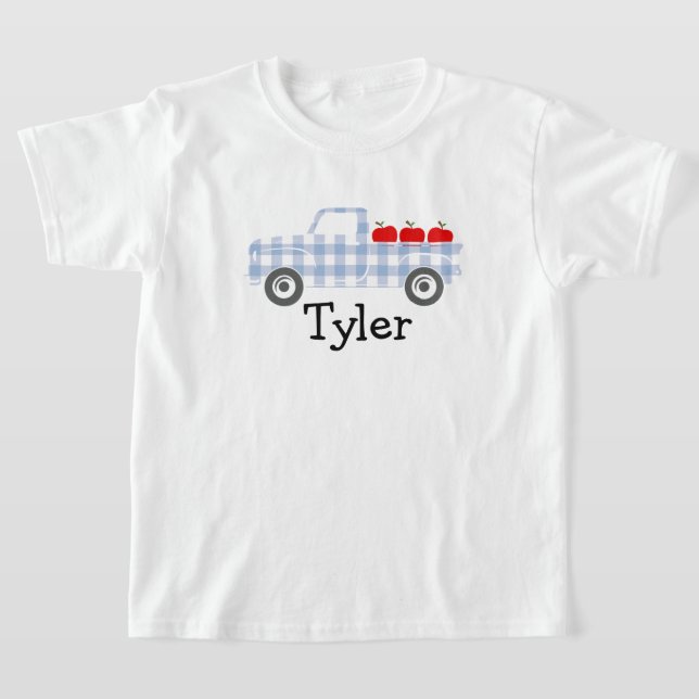 Boys Blue Plaid Truck with Apples Personalised T-Shirt (Laydown)