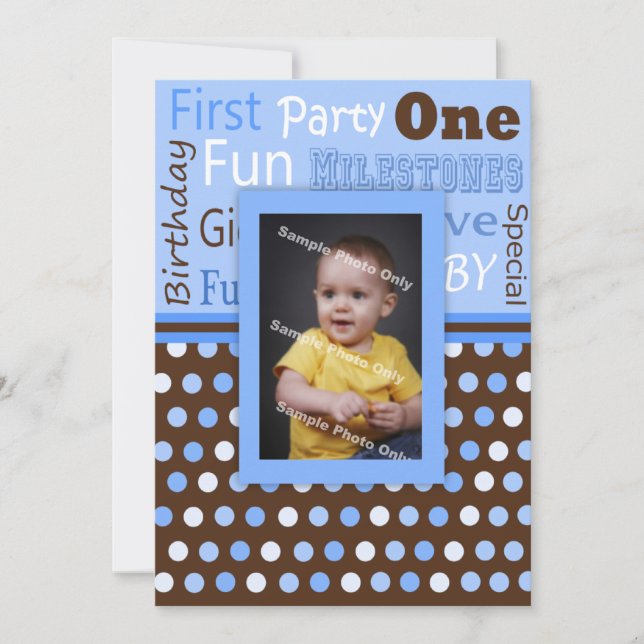 Boy's Blue Polka Dots Baby's First Birthday Photo Invitation (Front)