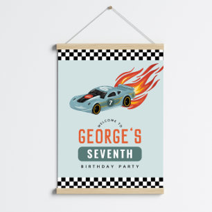 Boys Blue Racing Car Kids Birthday Welcome Sign