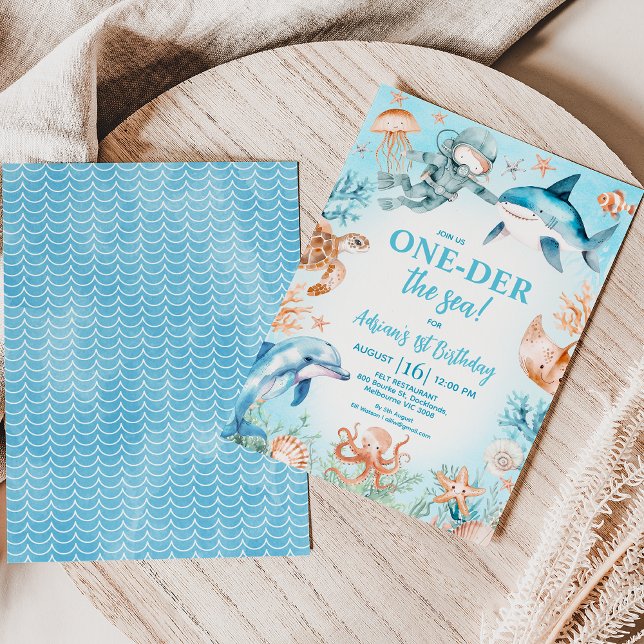 Boys Blue Scuba Diver Oneder the Sea 1st Birthday Invitation (Oneder the Sea 1st Birthday Invitation, Scuba Diver 1st Birthday Invitation Template, Under The Sea)