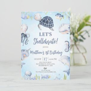 Boys Blue Sea Turtle Lets Shellebrate 1st Birthday Invitation