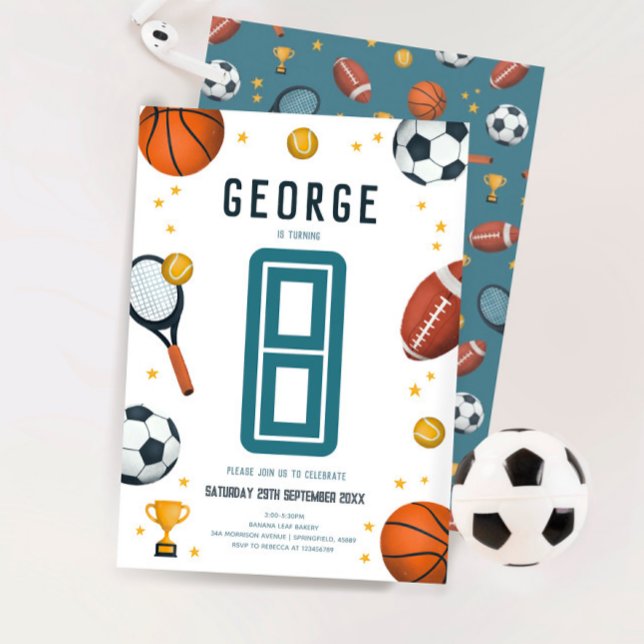 Boys Blue Sports Kids 8th Birthday Invitation (Creator Uploaded)