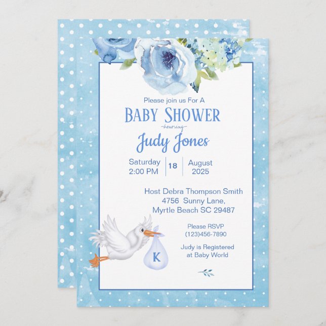 Boys Blue Stork Monogram Floral Baby Shower Invitation (Front/Back)