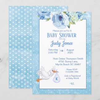 Boys Blue Stork Monogram Floral Baby Shower Invitation