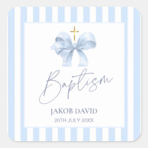 Boy's Blue Striped Baptism Favor Sticker with Bow