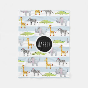 Boy's Blue Striped Safari Animal with Name Kids Fleece Blanket