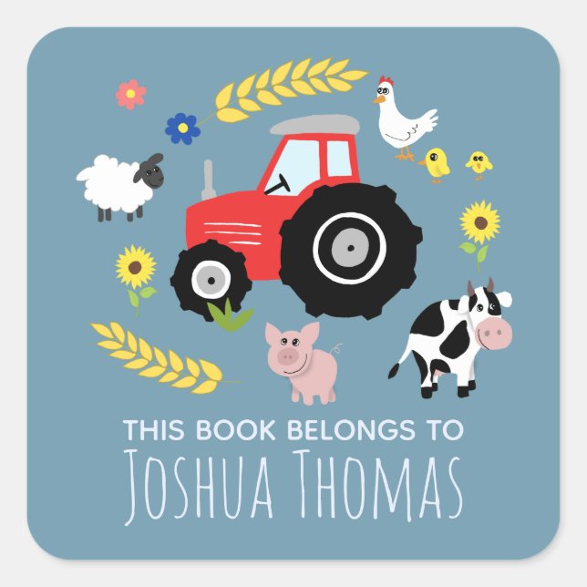 Boys Blue This Book Belongs Farm Tractor Name Kids Square Sticker (Front)