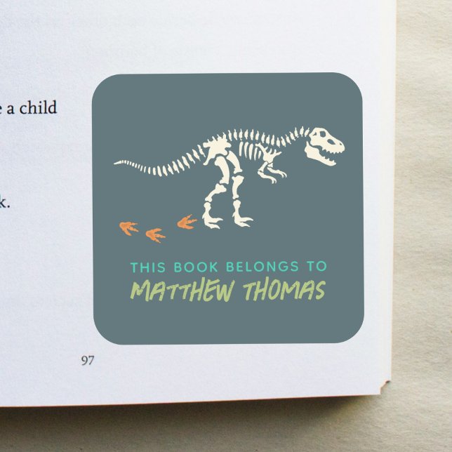 Boys Blue This Book Belongs T-Rex Dinosaur Kids Square Sticker (Creator Uploaded)