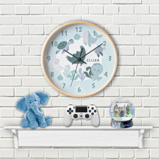 Boys Blue Under The Sea Ocean Animals & Name Kids Round Clock
