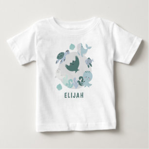 Boys Blue Under The Sea Ocean Animals WIth Name Baby T-Shirt